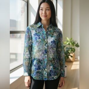 Chico's Sheer 3/4 Sleeve Green & Blue Floral Button Down Blouse - Size 0